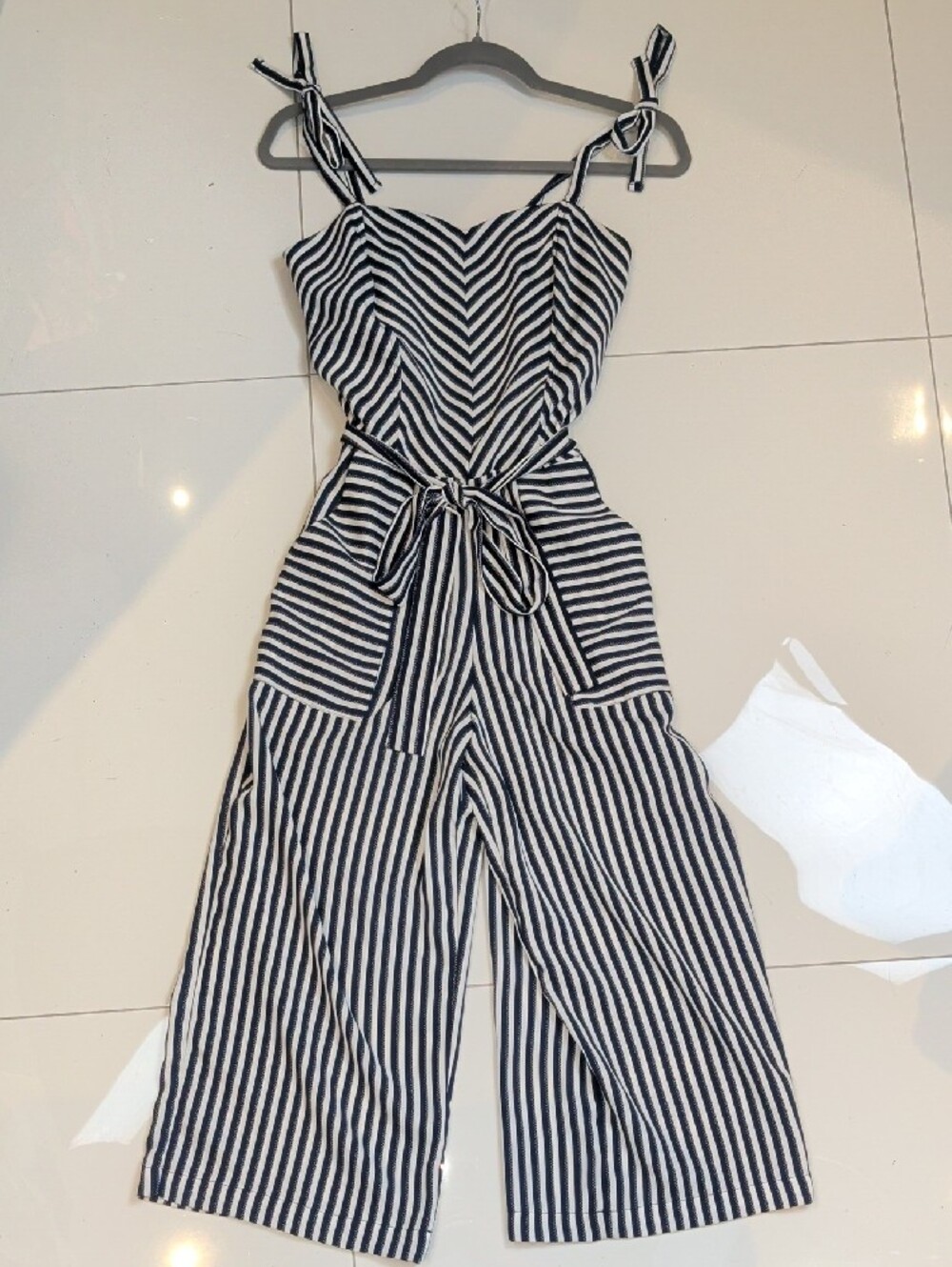 Striped Black & White Tie-Waist Jumpsuit